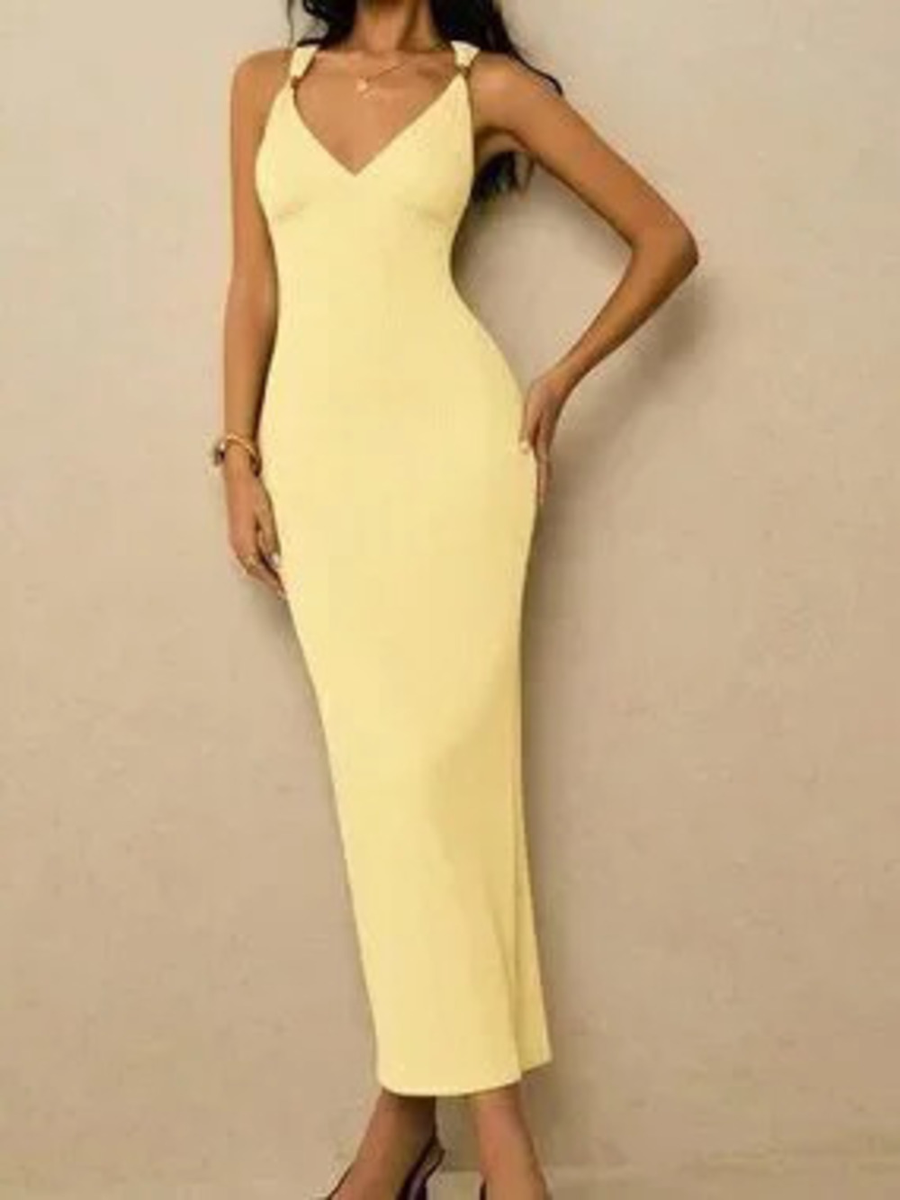 ZARA Light Yellow Sexy Women's Sweetheart Neck Fitted Elegant Sleeveless Dress - Picture 7 of 7